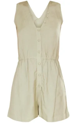 Khaki Textured Woven Button Detail Romper