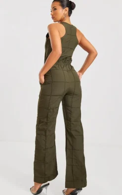 Khaki Textured Zip Up Toggle Jumpsuit