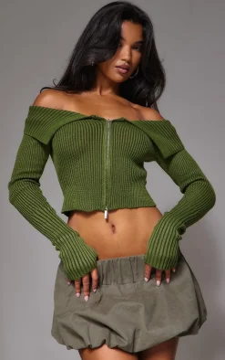 PrettyLittleThing Knitted Tops*Thick Rib Knit Foldover Zip Up Bardot Top