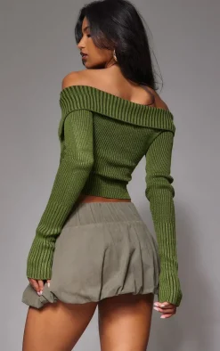 PrettyLittleThing Knitted Tops*Thick Rib Knit Foldover Zip Up Bardot Top