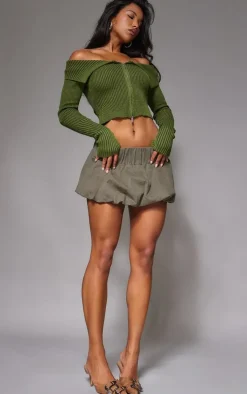 PrettyLittleThing Knitted Tops*Thick Rib Knit Foldover Zip Up Bardot Top