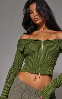 PrettyLittleThing Knitted Tops*Thick Rib Knit Foldover Zip Up Bardot Top