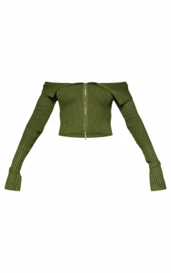 PrettyLittleThing Knitted Tops*Thick Rib Knit Foldover Zip Up Bardot Top