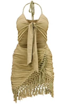 Tie Bust Ring Detail Tassel Trim Linen Bodycon Dress-PrettyLittleThing Discount