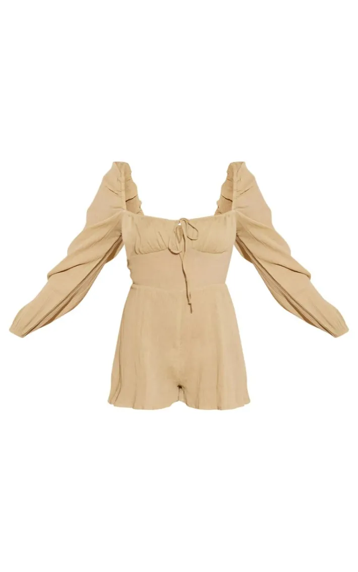Khaki Tie Front Textured Romper