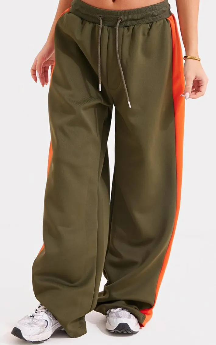 Khaki Tricot Side Stripe Wide Leg Track Pants