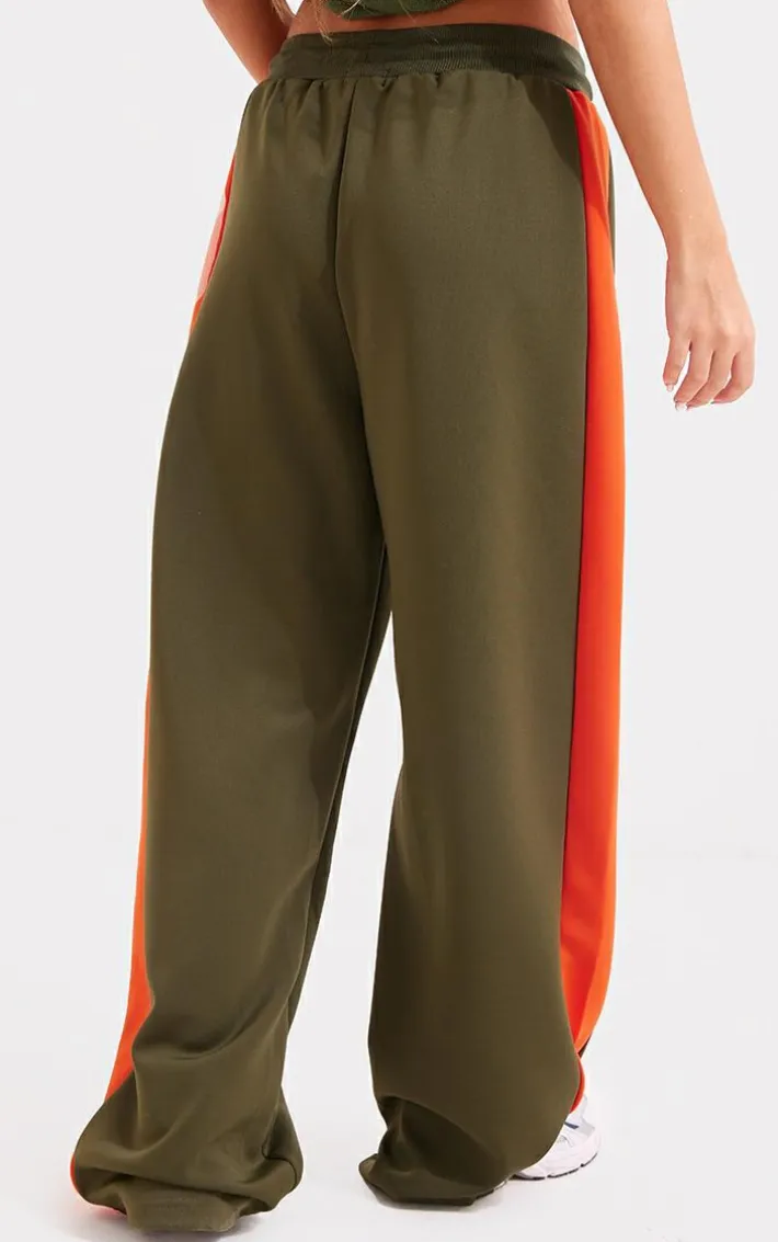 Khaki Tricot Side Stripe Wide Leg Track Pants