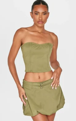 Hot PrettyLittleThing Twill Buckle Detail Bandeau Corset Top Khaki