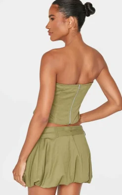 Hot PrettyLittleThing Twill Buckle Detail Bandeau Corset Top Khaki