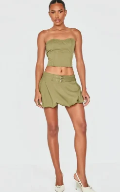 Hot PrettyLittleThing Twill Buckle Detail Bandeau Corset Top Khaki