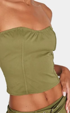 Hot PrettyLittleThing Twill Buckle Detail Bandeau Corset Top Khaki