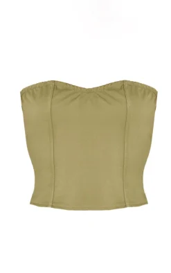 Hot PrettyLittleThing Twill Buckle Detail Bandeau Corset Top Khaki