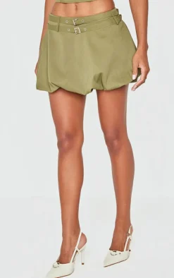 Clearance PrettyLittleThing Twill Buckle Puff Ball Skirt Khaki