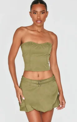 Clearance PrettyLittleThing Twill Buckle Puff Ball Skirt Khaki