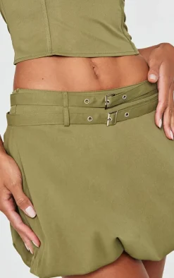 Clearance PrettyLittleThing Twill Buckle Puff Ball Skirt Khaki