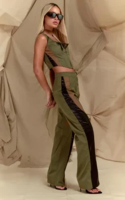 Hot PrettyLittleThing Twill Contrast Panel Straight Leg Pants Khaki