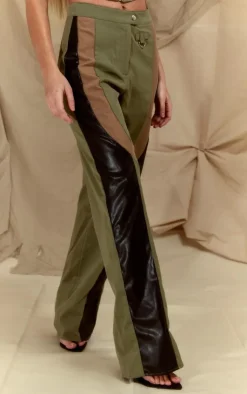 Hot PrettyLittleThing Twill Contrast Panel Straight Leg Pants Khaki