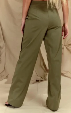 Hot PrettyLittleThing Twill Contrast Panel Straight Leg Pants Khaki