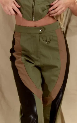 Hot PrettyLittleThing Twill Contrast Panel Straight Leg Pants Khaki