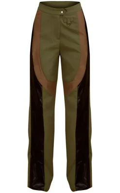 Hot PrettyLittleThing Twill Contrast Panel Straight Leg Pants Khaki