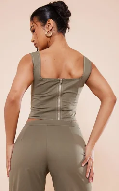 Discount PrettyLittleThing Twill Contrast Seam Structured Cargo Corset Khaki