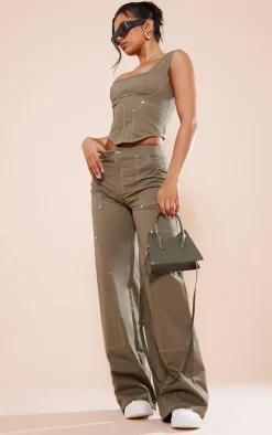 Discount PrettyLittleThing Twill Contrast Seam Structured Cargo Corset Khaki