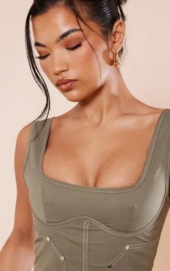 Discount PrettyLittleThing Twill Contrast Seam Structured Cargo Corset Khaki