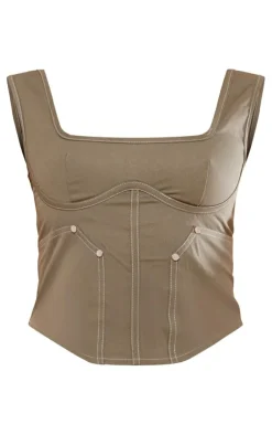 Discount PrettyLittleThing Twill Contrast Seam Structured Cargo Corset Khaki