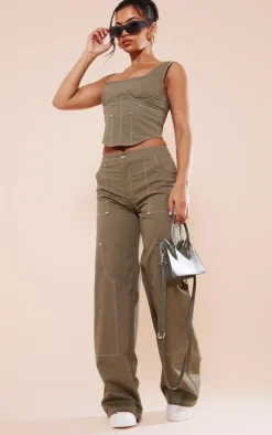 Online PrettyLittleThing Twill Contrast Seam Straight Leg Cargo Pants Khaki