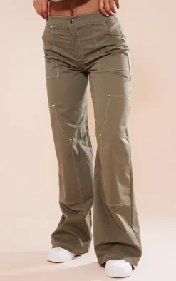 Online PrettyLittleThing Twill Contrast Seam Straight Leg Cargo Pants Khaki