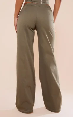 Online PrettyLittleThing Twill Contrast Seam Straight Leg Cargo Pants Khaki