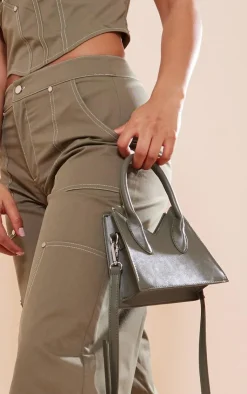 Online PrettyLittleThing Twill Contrast Seam Straight Leg Cargo Pants Khaki