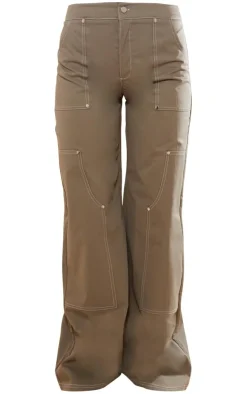 Online PrettyLittleThing Twill Contrast Seam Straight Leg Cargo Pants Khaki