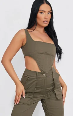 Hot PrettyLittleThing Twill Dip Hem Structured Cargo Corset Khaki