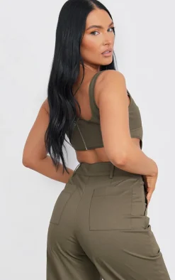 Hot PrettyLittleThing Twill Dip Hem Structured Cargo Corset Khaki