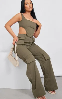 Hot PrettyLittleThing Twill Dip Hem Structured Cargo Corset Khaki