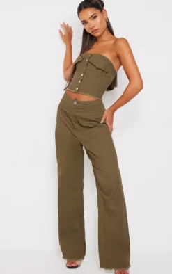 Discount PrettyLittleThing Twill High Waist Straight Leg Pants Khaki