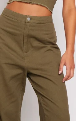 Discount PrettyLittleThing Twill High Waist Straight Leg Pants Khaki