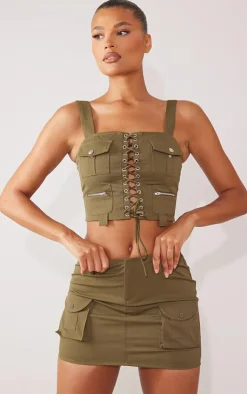 Online PrettyLittleThing Twill Micro Mini Cargo Skirt Khaki
