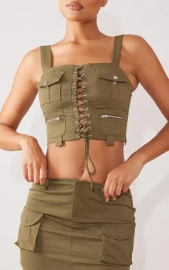 Online PrettyLittleThing Twill Micro Mini Cargo Skirt Khaki