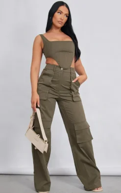 Best PrettyLittleThing Twill Pocket Detail High Waist Cargo Pants Khaki