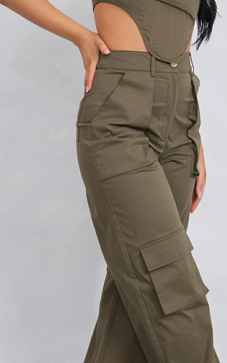 Best PrettyLittleThing Twill Pocket Detail High Waist Cargo Pants Khaki