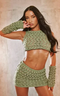 PrettyLittleThing Knitted Tops*Twist Knit Racer Top & Sleeves