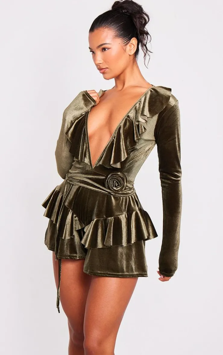 Velvet Plunge Frill Corsage Romper-PrettyLittleThing Outlet