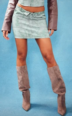Hot PrettyLittleThing Vintage Wash Twill Fold Over Waistband Mini Skirt Khaki