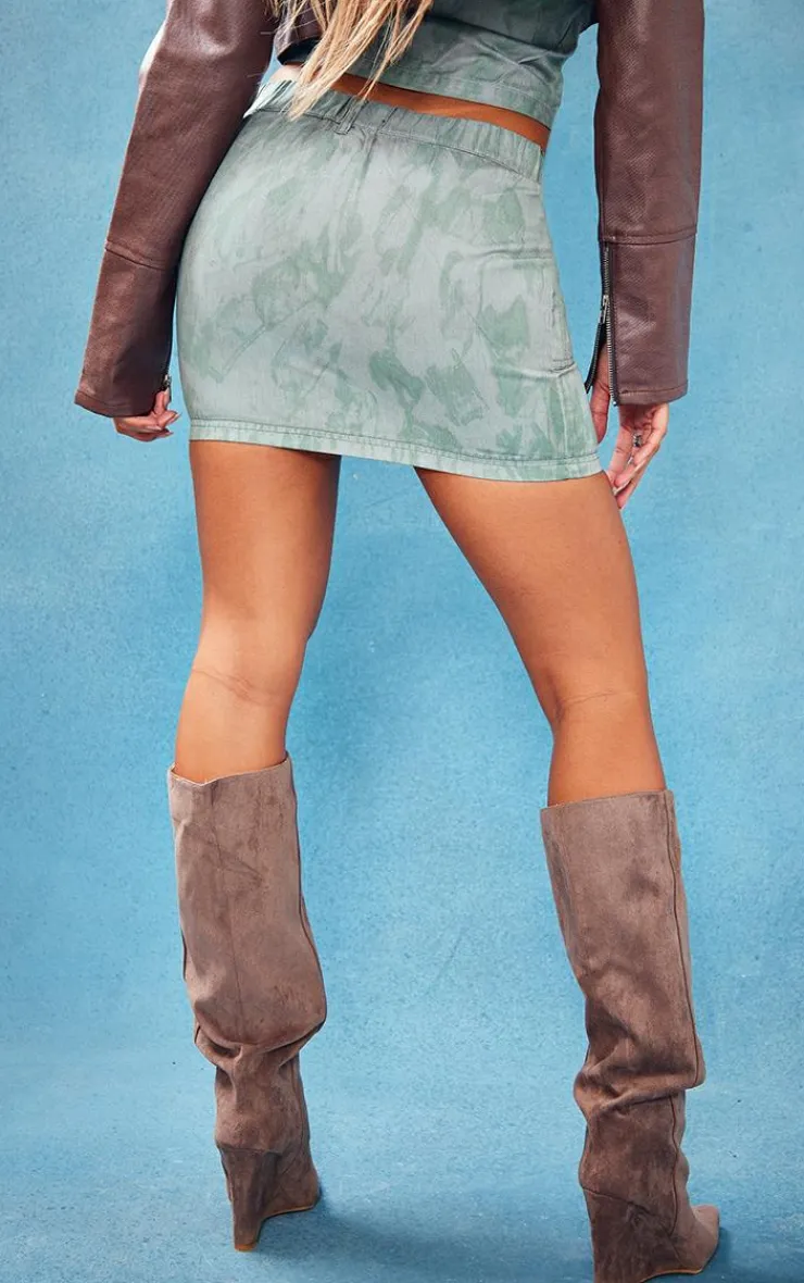 Hot PrettyLittleThing Vintage Wash Twill Fold Over Waistband Mini Skirt Khaki