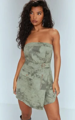 Washed Cargo Pleated Wrap Belted Bodycon Dress-PrettyLittleThing Online