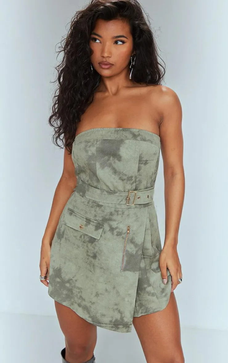 Washed Cargo Pleated Wrap Belted Bodycon Dress-PrettyLittleThing Online