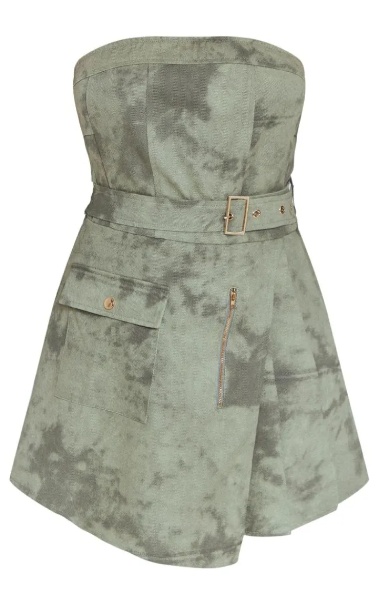 Washed Cargo Pleated Wrap Belted Bodycon Dress-PrettyLittleThing Online