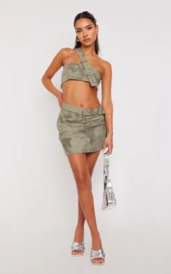 Outlet PrettyLittleThing Washed Twill Asymmetric Strap Micro Mini Skirt Khaki